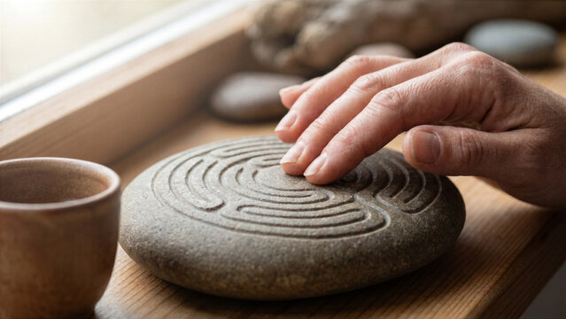 Macro photography of woman fingers tracking maze labyrinth pattern carved stone tablet