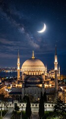 Obraz premium New Mosque in Istanbul at night with crescent moon and milky way