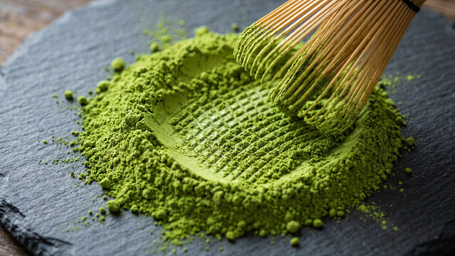Close up of bright green matcha powder heap on slate with bamboo whisk grid lines photo