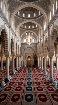 Interior view of a grand mosque with people praying