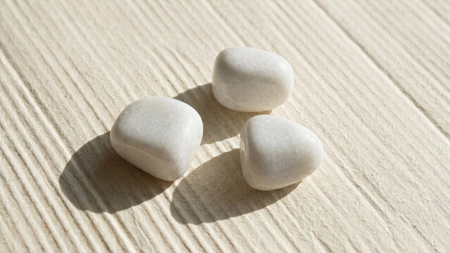Minimalist composition with three white tumbled marble stones on corrugated ivory paper