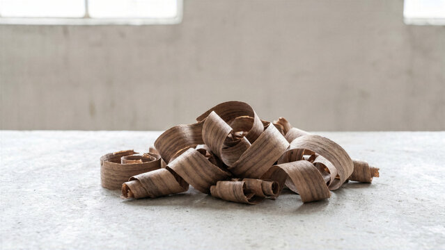Minimalist studio shot of raw unpolished walnut wood shavings on concrete workbench ribbon