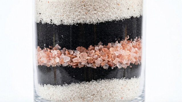 Macro photography of clear glass cylinder filled with white sea sand charcoal and pink salt