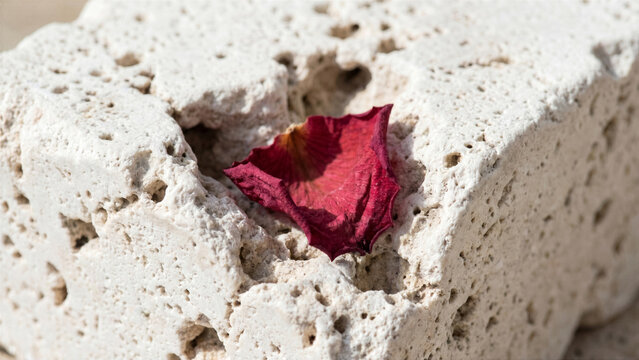 Macro view of single dried rose petal resting inside porous cavity of white travertine stone