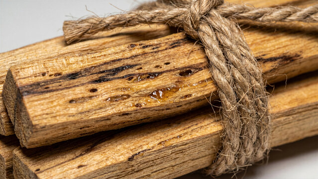Extreme macro of several sticks of solid palo santo wood tied with jute string resinous grain