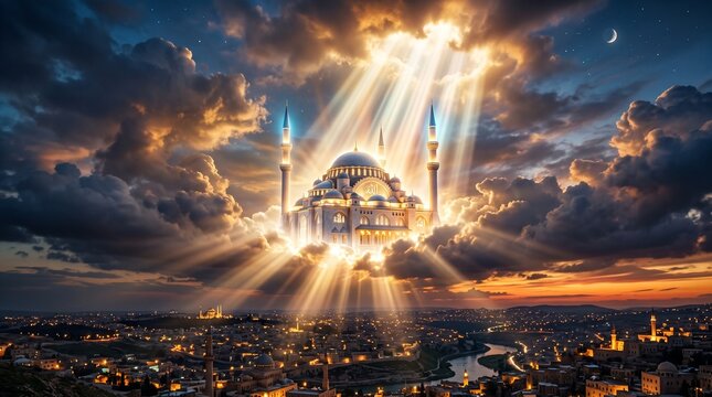 Majestic mosque illuminated by divine light above city