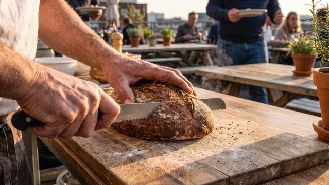 Close up of hands slicing fresh homemade sourdough bread on floured wooden board during rooftop potluck