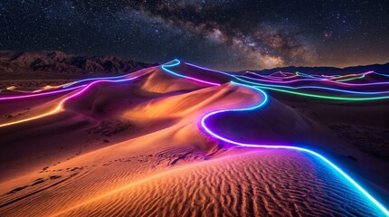Neon light trails on desert dunes under starry night sky