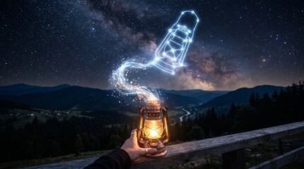 Hand holding vintage lantern with magical constellation in night sky