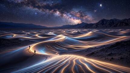 People walking on glowing sand dunes under milky way galaxy