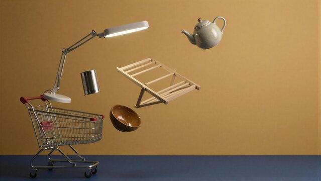 Shopping cart floats with kitchen items, symbolizing everyday purchases against warm backdrop.