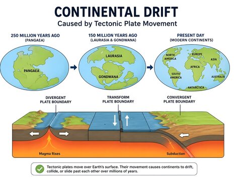 Educational Vector of Continental Drift Theory with Moving Tectonic Plates
