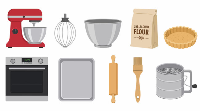 Collection of baking tools and kitchen appliances illustration.