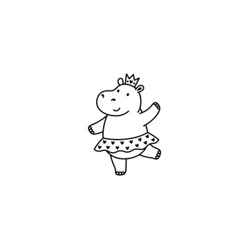 Cute dancing ballerina hippopotamus with crown line art illustration