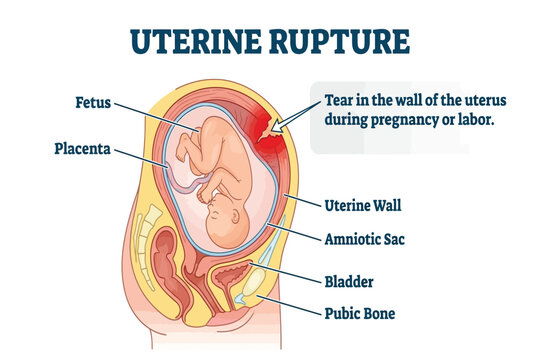 Illustration showing uterine rupture during pregnancy.