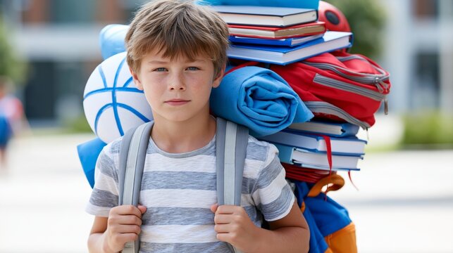 Boy carries heavy load of school supplies and sports equipment after a long day at school