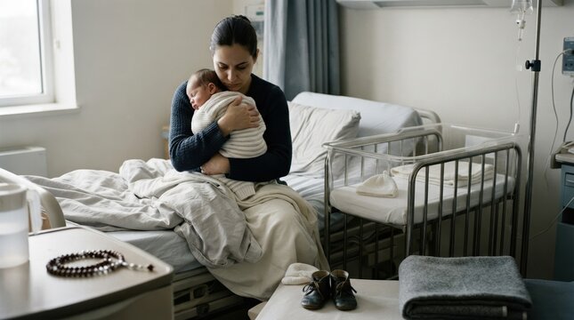 In a modest hospital room, a grieving mother holds a sleeping infant near a metal crib, IV pole, prayer beads, and a white infant cap, while a pair of empty shoes and a folded gray blanket rest by the