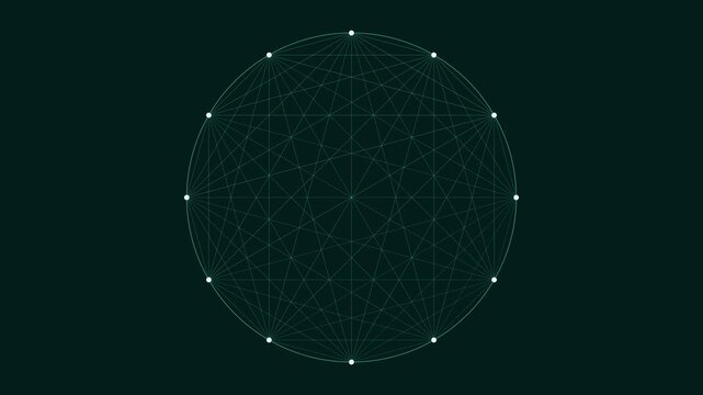 Abstract geometric network connection animation: digital nodes and lines interconnecting in a circular motion pattern 4k
