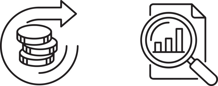 Art & Illustration, Stacked currency coins with circular return arrow and magnifying glass analysis document line art. Finance accounting audit.