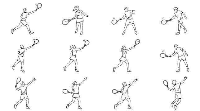 Tennis Player Action Poses Collection - Line Art Style
