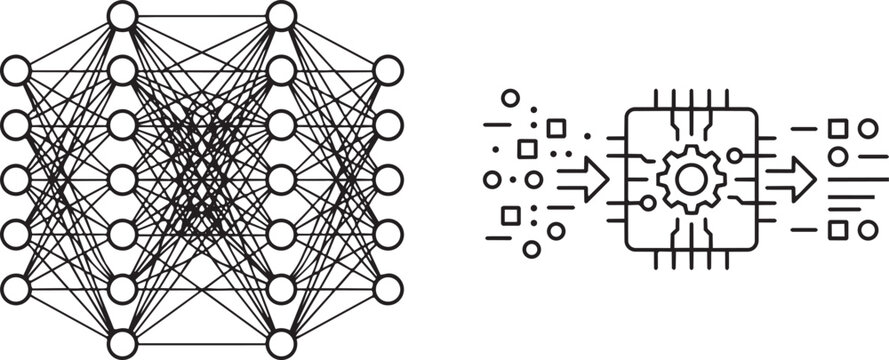 Art & Illustration, Multi layered neural network grid linked to hardware microprocessor circuit block line art. Cloud computing server infrastructure.