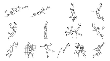Dynamic Basketball Player Actions Set: Dribbling, Jumping, Dunking, Shooting - Line Art Collection © Qita