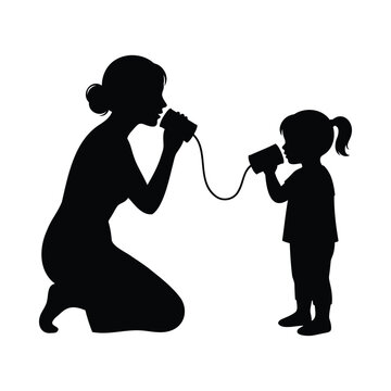 Mother's Day silhouette of mom and daughter playing with tin can telephone