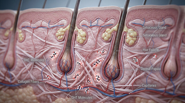 Microscopic view of human scalp tissue showing hair follicles and DHT molecules in a medical illustration style