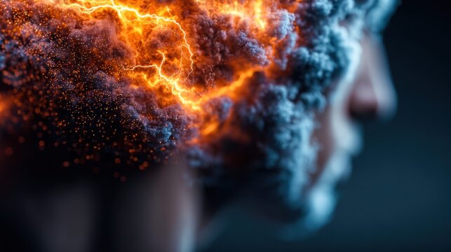 An artistic representation of a mind ablaze with energy and creative power.