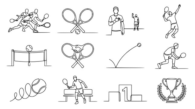 Tennis Sport Line Art Icons Set: Players, Rackets, Court, Trophy, and Actions