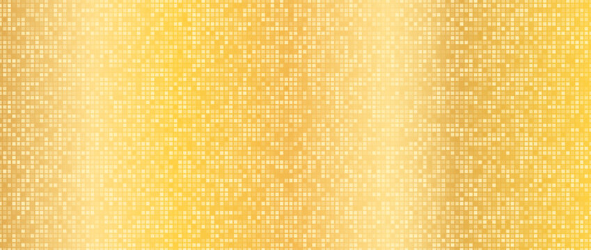 Gold disco party pattern. Yellow square sequin mosaic texture background. Abstract golden shining glitter halftone wallpaper. Pop up comic sparkling glitter backdrop. Retro vector design template