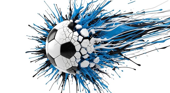 Dynamic soccer ball exploding with blue and black paint splatter, explosion