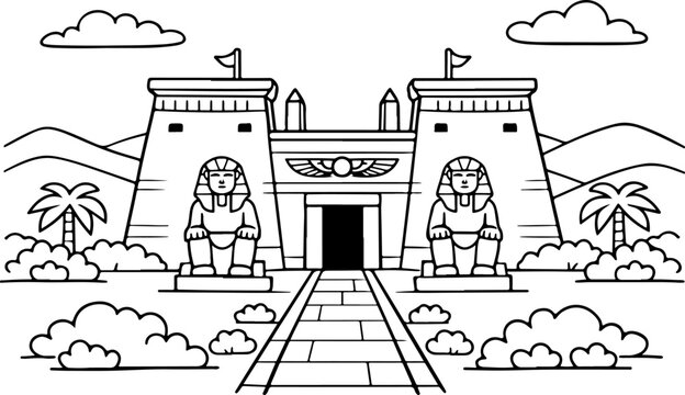 Temple &eacute;gyptien, illustration de style dessin au trait &agrave; la main, coloriage pour enfants