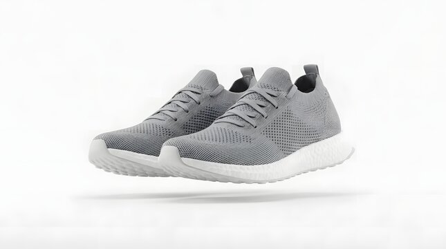 A pair of sleek, modern grey knit sneakers with white soles, presented in a minimalist studio setting with a white background.