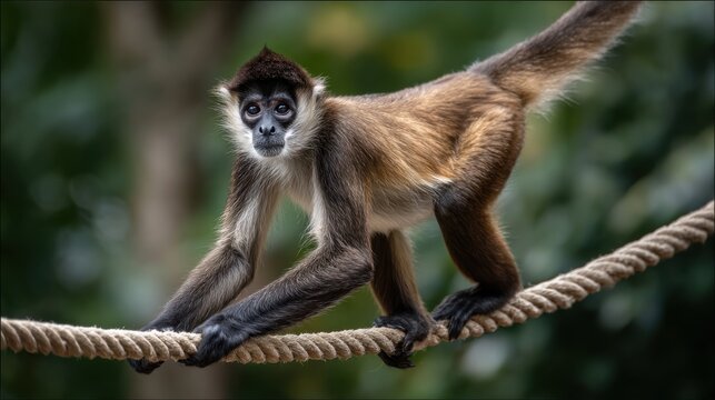 Agile spider monkey balancing on a rope in a natural habitat setting