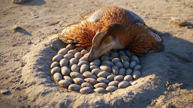 An Oviraptor brooding protectively over a spiral nest of elongated eggs on a sandy Cretaceous riverbank.