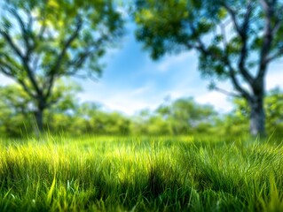 Obraz premium Vibrant green meadow with trees and blue sky.