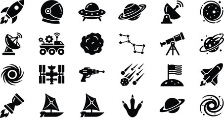 Outer Space Exploration Astronomy and Sci-Fi Technology Icon Set Featuring Rockets Astronaut Planets Satellite Dishes Telescopes Rovers and Alien Galaxy Symbols vector illustration style © Abdur
