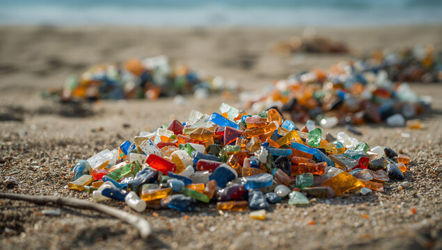 砂浜で分類された漂着ガラスとプラスチックの環境素材