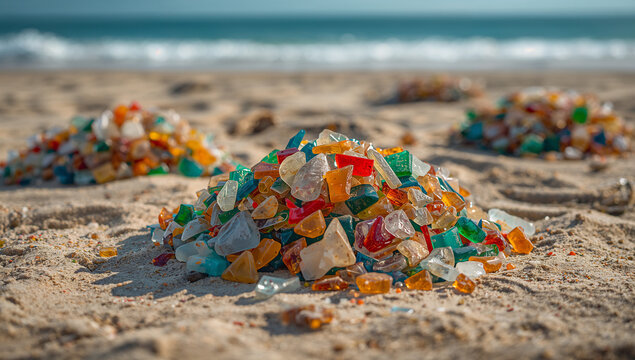 砂浜で分類された漂着ガラスとプラスチックの環境素材