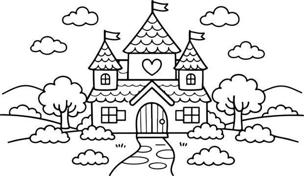 Maison de conte de f&eacute;es, illustration de style dessin au trait &agrave; la main, coloriage pour enfants