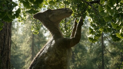 Fototapeta premium An Iguanodon rearing on its hind legs to reach high foliage on a ginkgo tree showing its distinctive thumb spikes.
