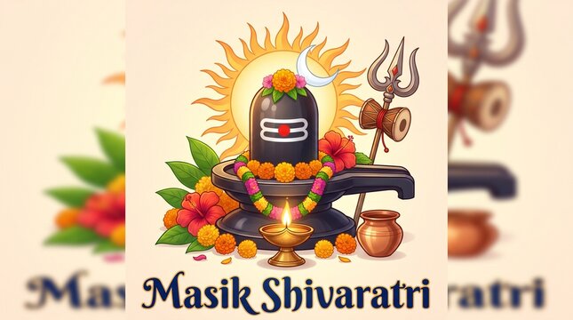 Vibrant horizontal greeting banner description featuring illustrated shiva lingam with trishul and decorative floral frame borders