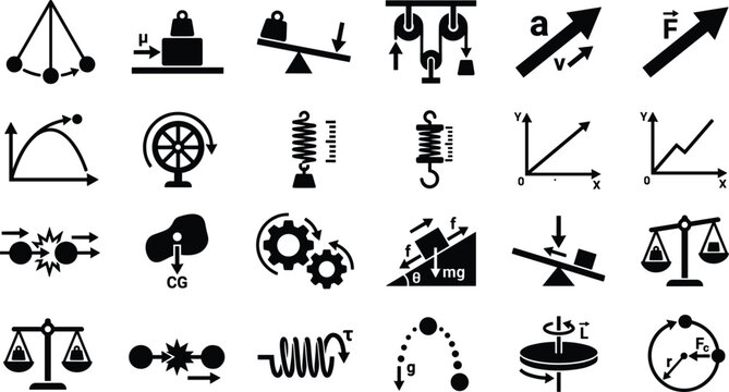 Classical Mechanics Physics Icon Set with Kinematics Dynamics Gravity Force Vectors and Laboratory Experiment Symbols vector design