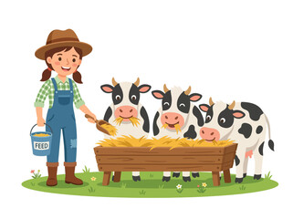 Fototapeta premium A cheerful farmer girl in a straw hat and overalls feeds hay to three cows from a trough, embodying the essence of rural life and agriculture