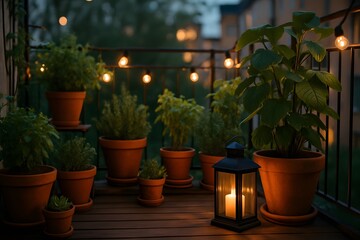 Fototapeta premium Cozy balcony garden with potted plants, lantern and string lights at dusk