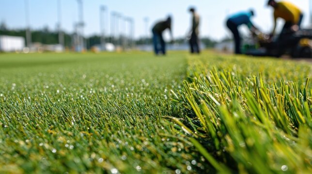 primary turf detail crisp with blurred background of field workers in action.