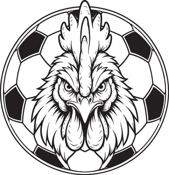 Gallic Rooster Head Integrated With Soccer Ball Black and White Vector Illustration