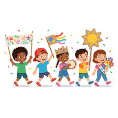 Fototapeta premium Diverse group of children celebrating with a parade and confetti