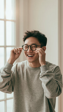Person wearing glasses smiling while holding a smartphone in a home setting